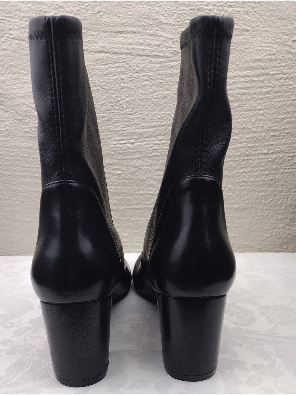 Stuart Weitzman Yuliana Black Leather Panel Upper Almond Toe Heeled Ankle Boot - Picture 5 of 15